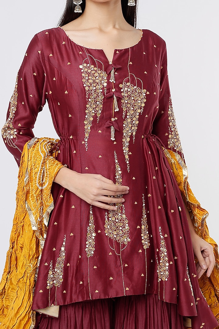 Auburn Colored Silk Chanderi Wedding Sharara Set by SOZENKARI at Pernia's Pop Up Shop