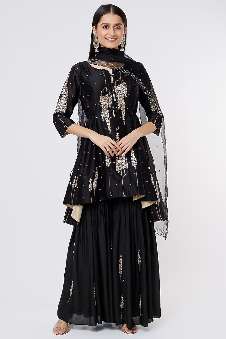 Black Silk Embroidered Sharara Set by SOZENKARI