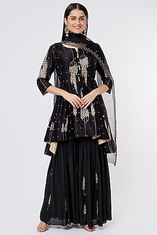 Black Silk Embroidered Sharara Set by SOZENKARI