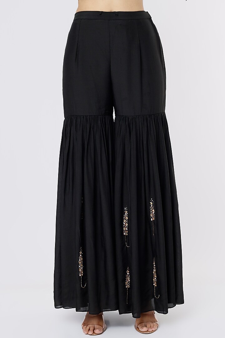 Black Silk Embroidered Wedding Sharara Set by SOZENKARI at Pernia's Pop Up Shop