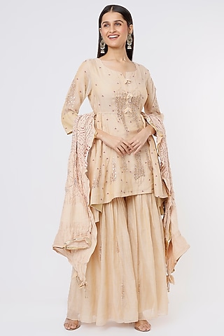 Beige Silk Chanderi Sharara Set by SOZENKARI