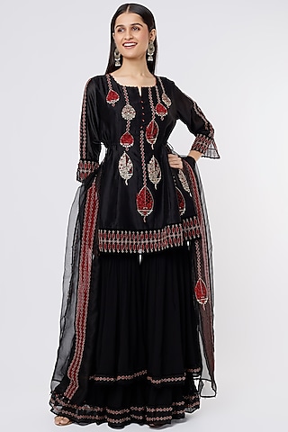 Black Silk Chanderi Sharara Set by SOZENKARI