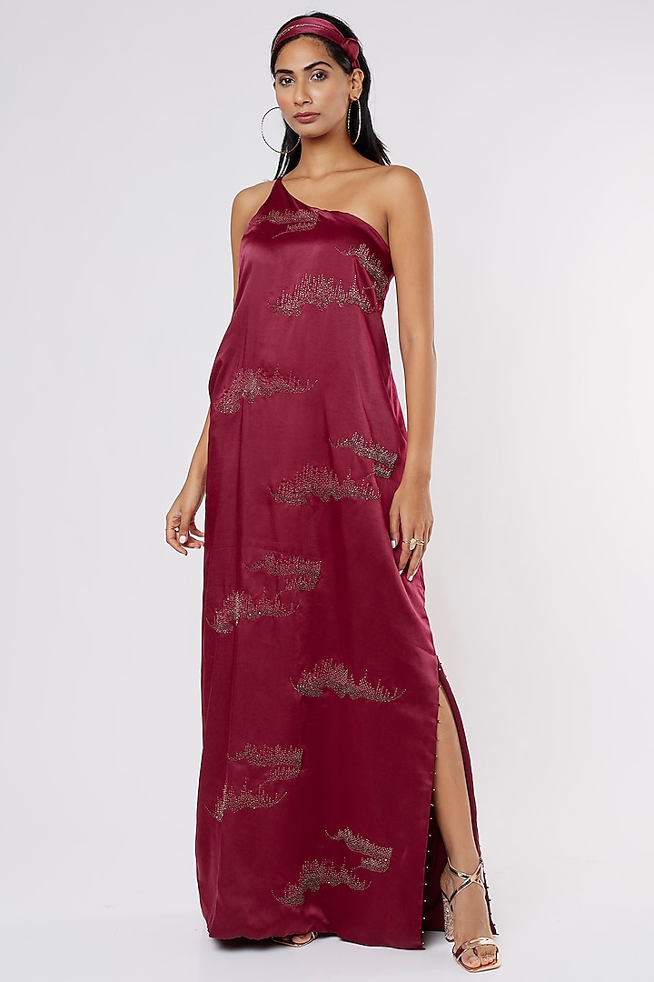 Wine Embroidered Gown by Sozenkari
