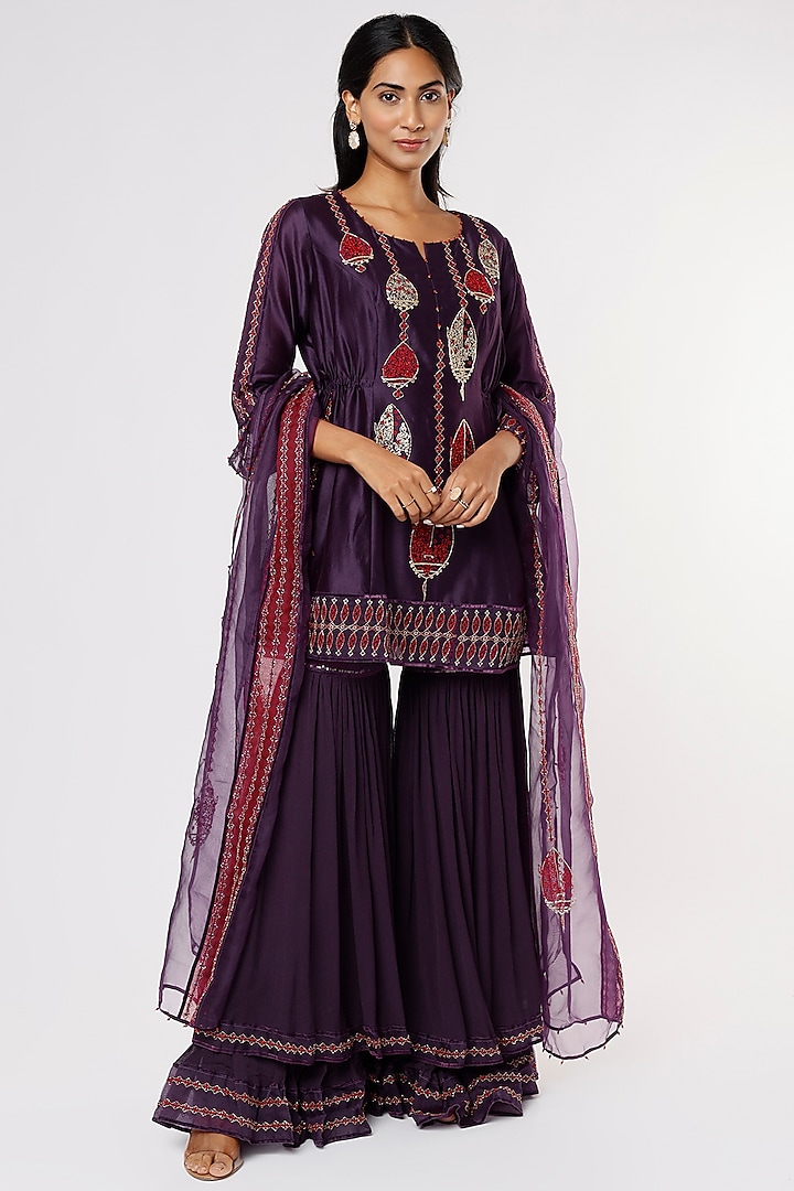 Dark Purple Layered Sharara Set by Sozenkari at Pernia's Pop Up Shop