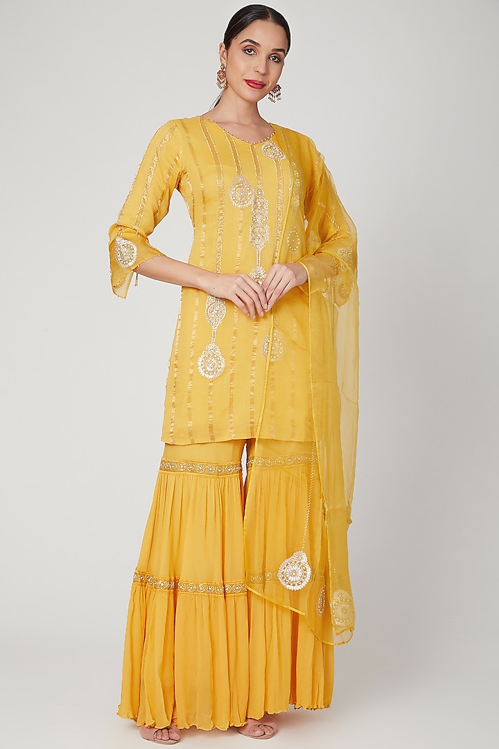 Yellow Embroidered Sharara Set by SOZENKARI