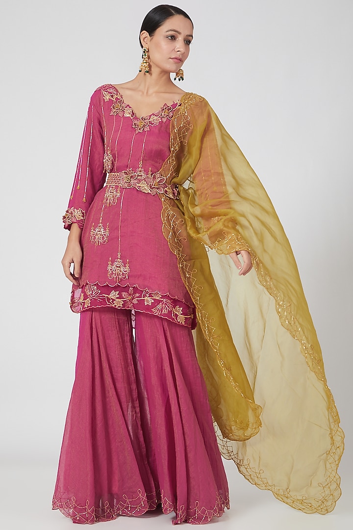 Rani Pink Silk Chanderi Tissue Sharara Set by SOZENKARI