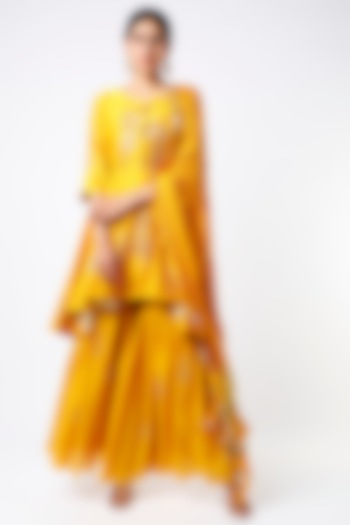 Yellow Embellished Asymmetrical Anarkali Set by SOZENKARI