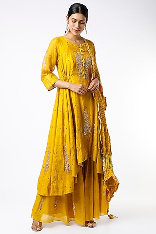 Mustard Yellow Embellished Asymmetrical Anarkali Set by SOZENKARI