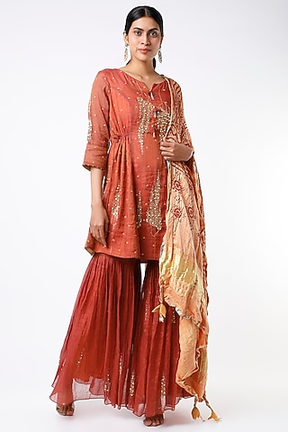 Rusty Red Embellished Asymmetrical Short Anarkali Set by SOZENKARI