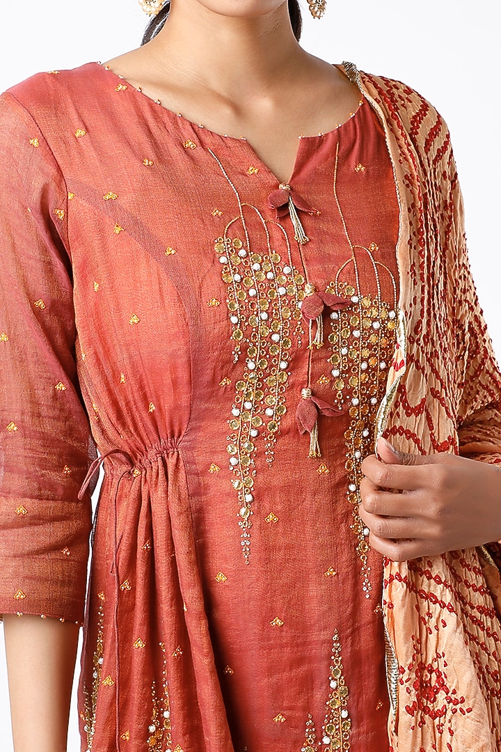 Rusty Red Embellished Asymmetrical Short Wedding Anarkali Set by SOZENKARI at Pernia's Pop Up Shop