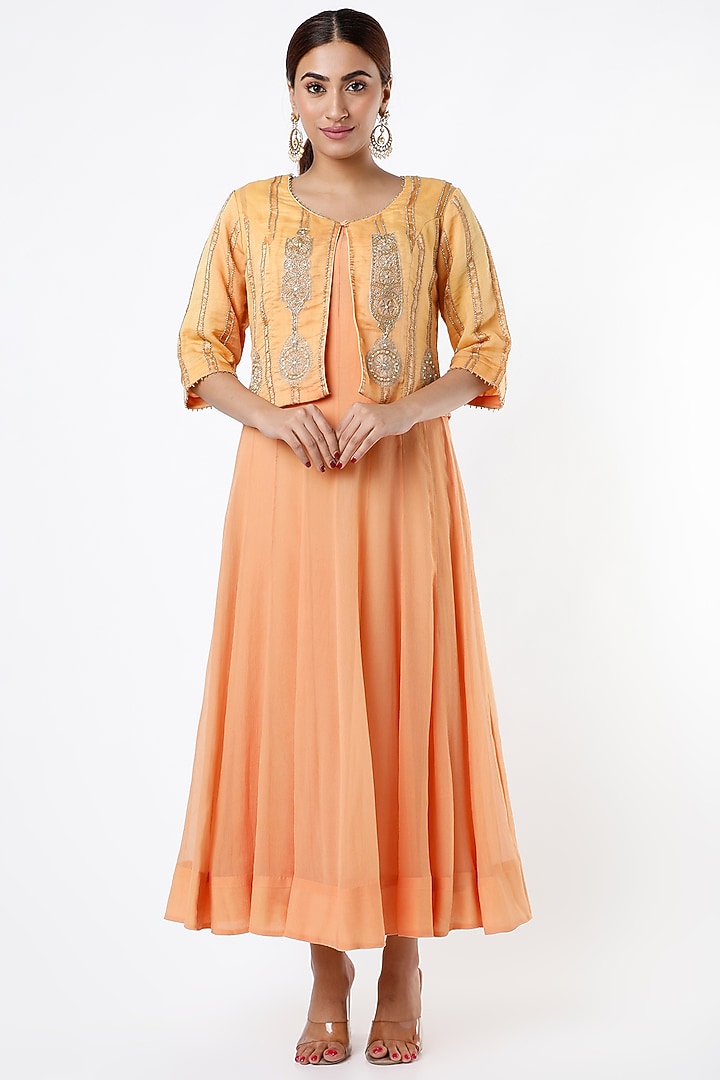 Peach Party Wear Anarkali With Hand Embroidered Jacket by Sozenkari at Pernia's Pop Up Shop