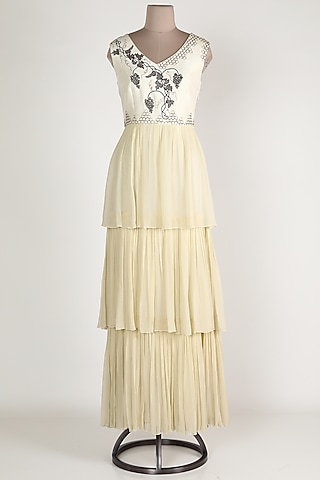 White Embroidered Layered Gown by Sozenkari