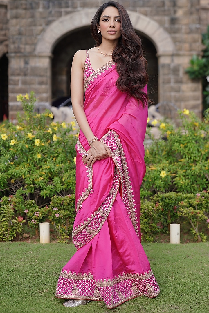 Pink Organza Silk Embroidered Saree Set by Punit Balana