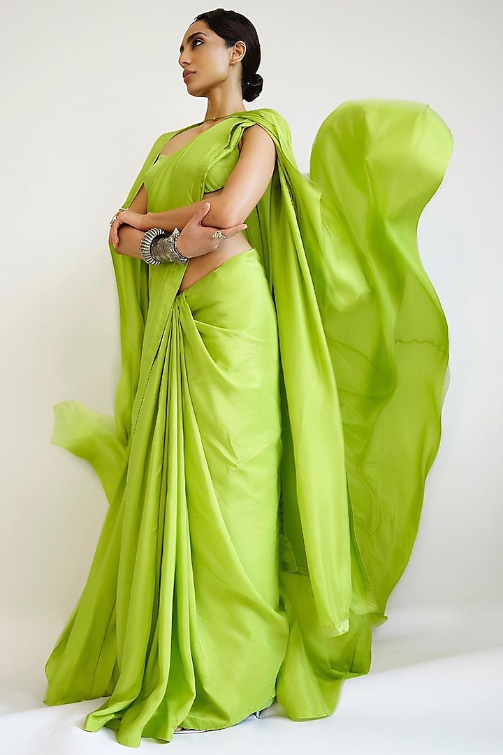 Lime Green Silk Handwoven Saree Set by Ekaya