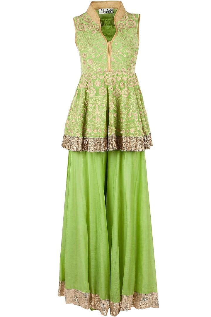 Green embroidered kurta with sharara available only at Pernia's Pop-Up Shop.