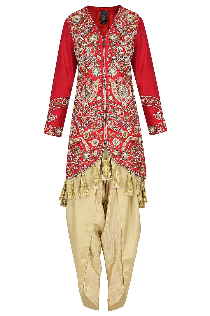 Red Embroidered Jacket with Gold Dhoti Pants by Sonali Gupta