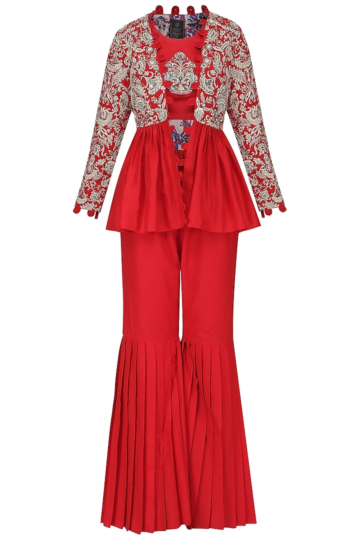 Red Embroidered Peplum Jacket with Crop Top and Pleated Gharara Pants by Sonali Gupta