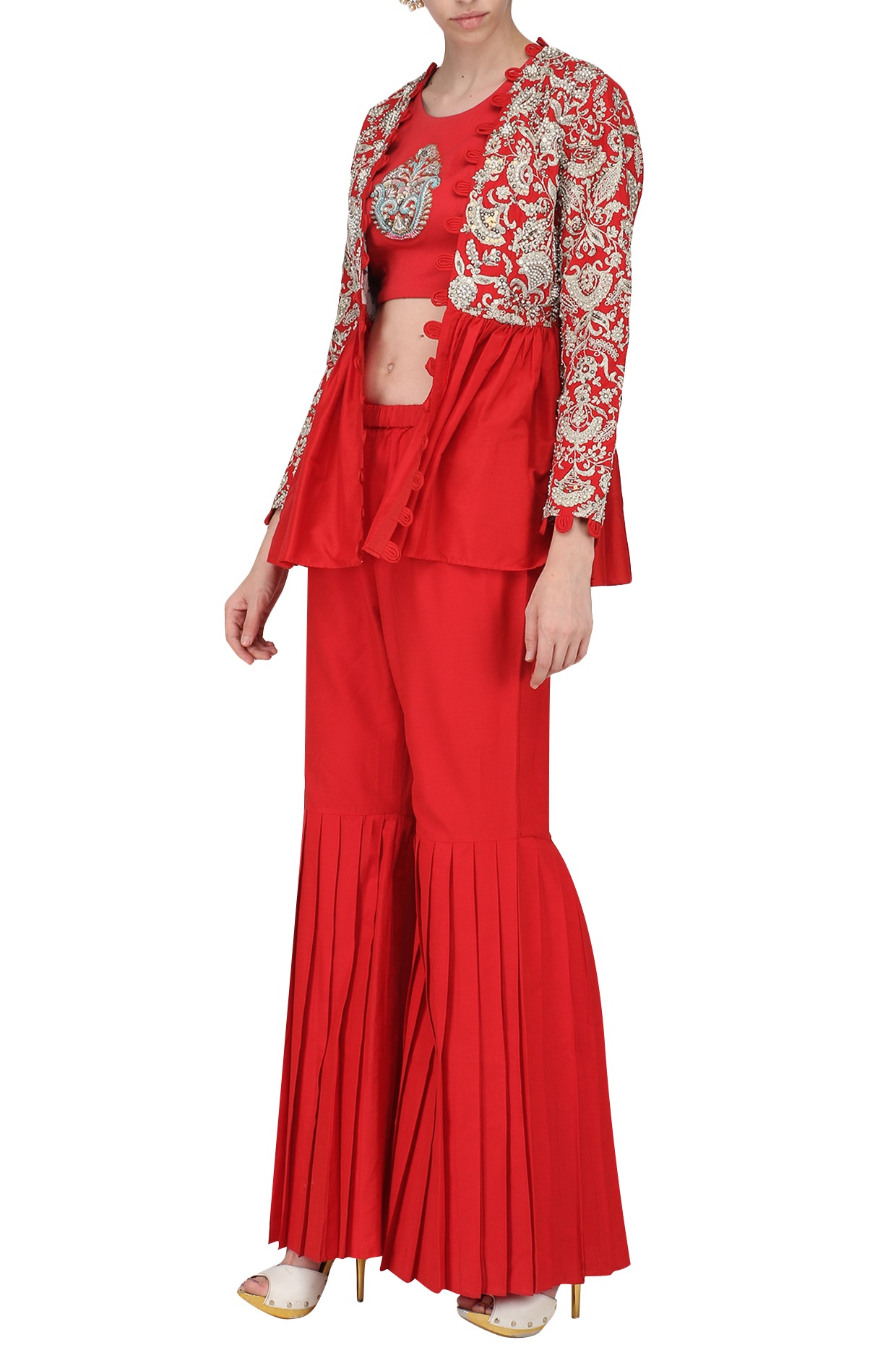 Red embroidered peplum jacket with crop top and pleated gharara