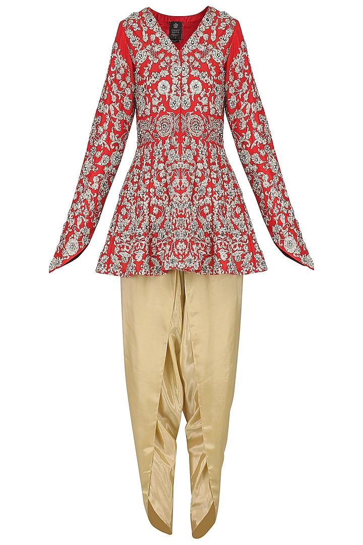 Red Embroidered Peplum Jacket with Gold Dhoti Pants by Sonali Gupta