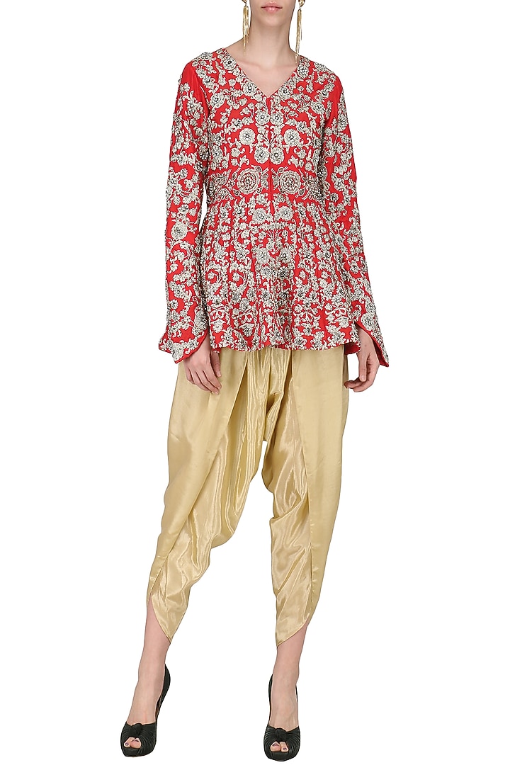 Red embroidered peplum jacket with gold dhoti pants available only at Pernia's Pop Up Shop.