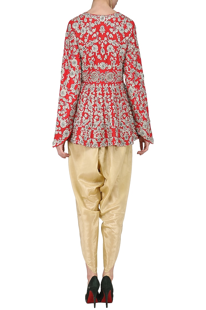 Red embroidered peplum jacket with gold dhoti pants available only at Pernia's Pop Up Shop.