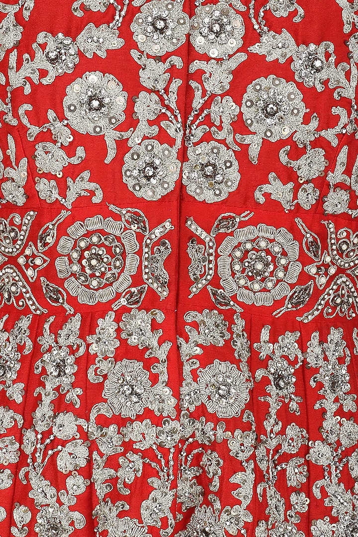 Red embroidered peplum jacket with gold dhoti pants available only at Pernia's Pop Up Shop.