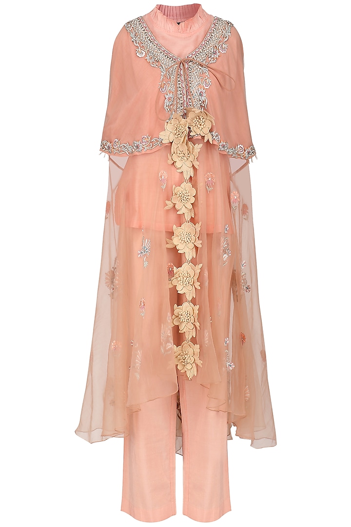 Pink Embroidered Kaftan Top with Inner and Straight Pants by Sonali Gupta
