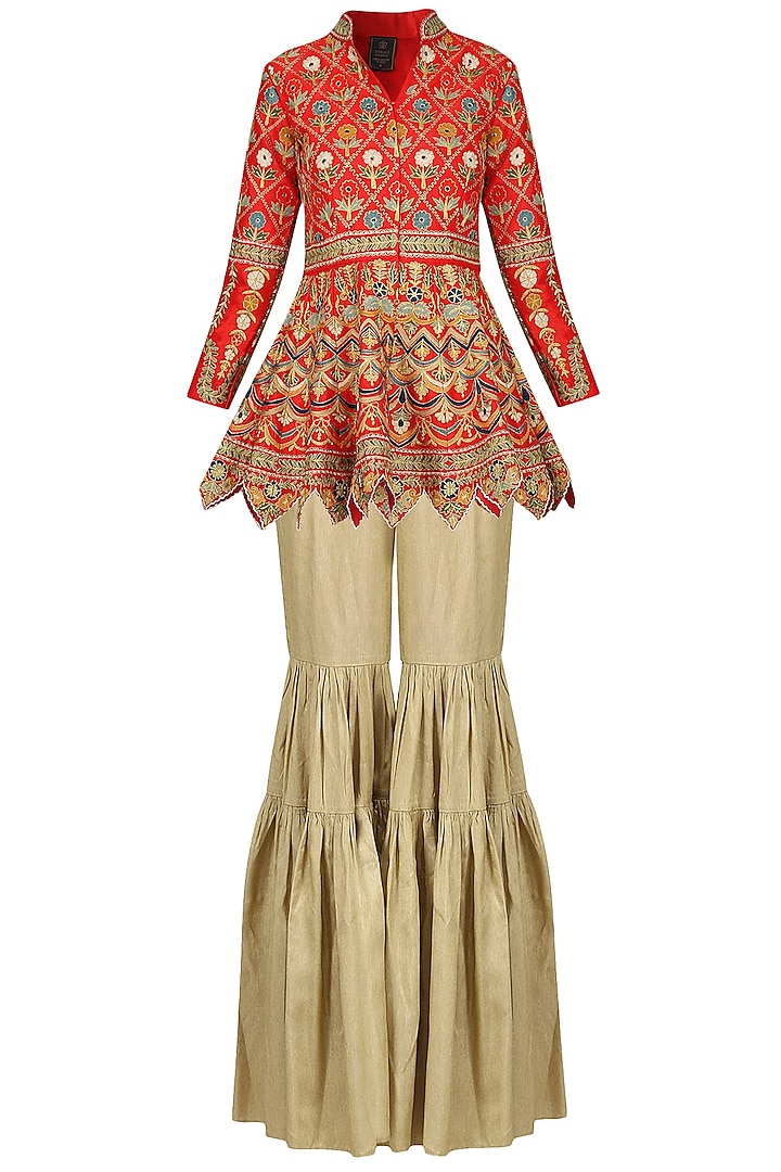 Red Embroidered Peplum Jacket with Gold Gharara Pants by Sonali Gupta