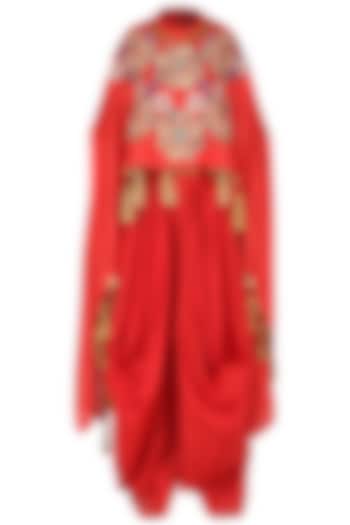 Red high-low embroidered cape with dhoti by Sonali Gupta