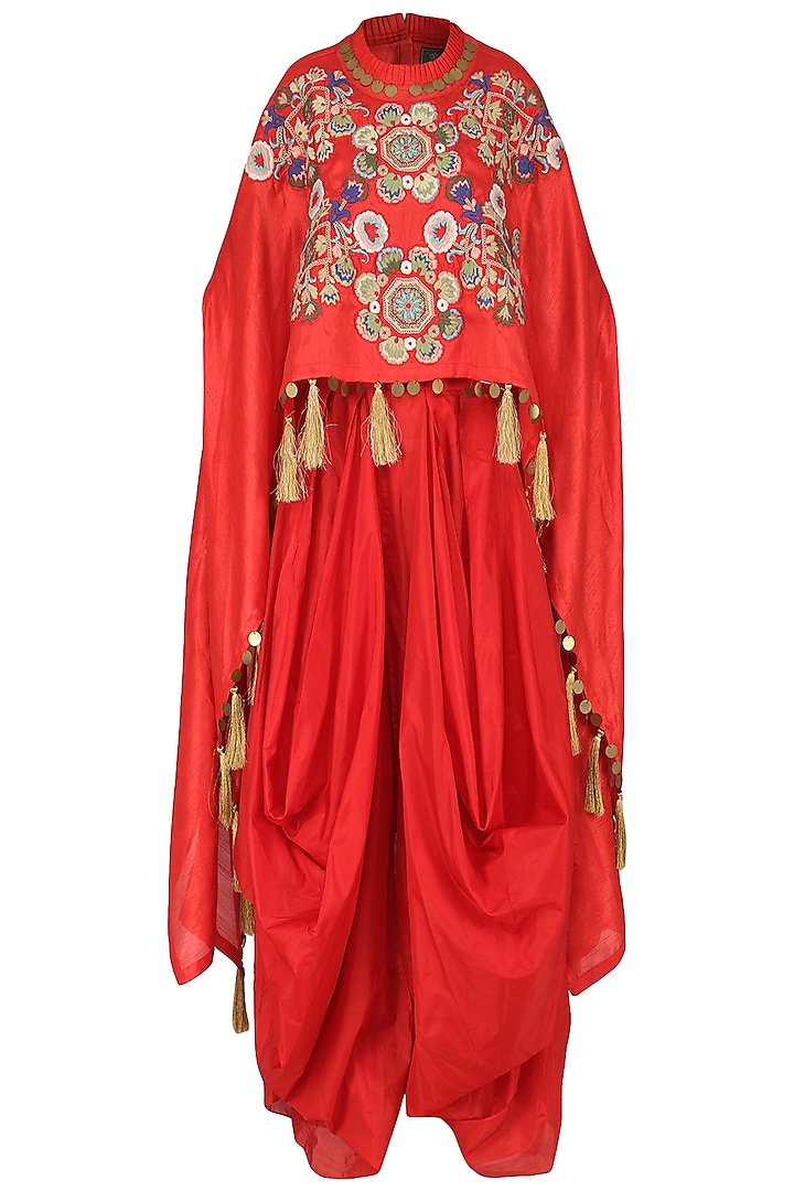 Red high-low embroidered cape with dhoti by Sonali Gupta