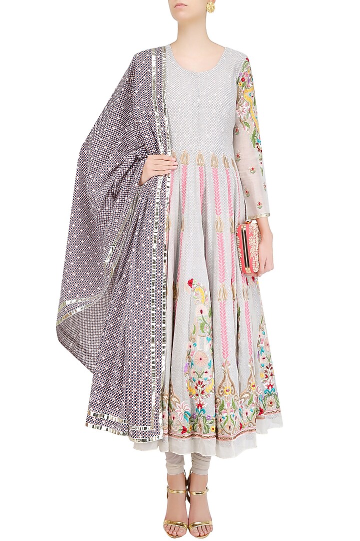 Off white thread embroidered anarkali set available only at Pernia's Pop Up Shop.
