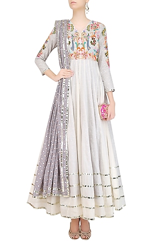 Off White Floral Embroidered Kalidaar Anarkali Set by Sonali Gupta