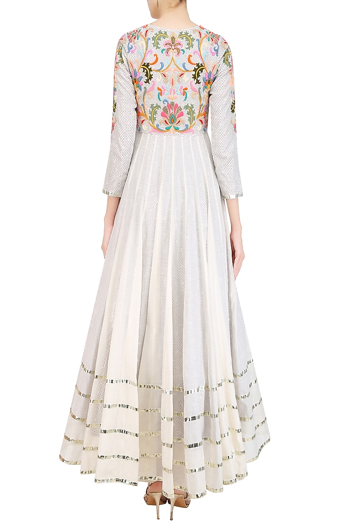Off white floral embroidered pleated anarkali set available only at Pernia's Pop Up Shop.