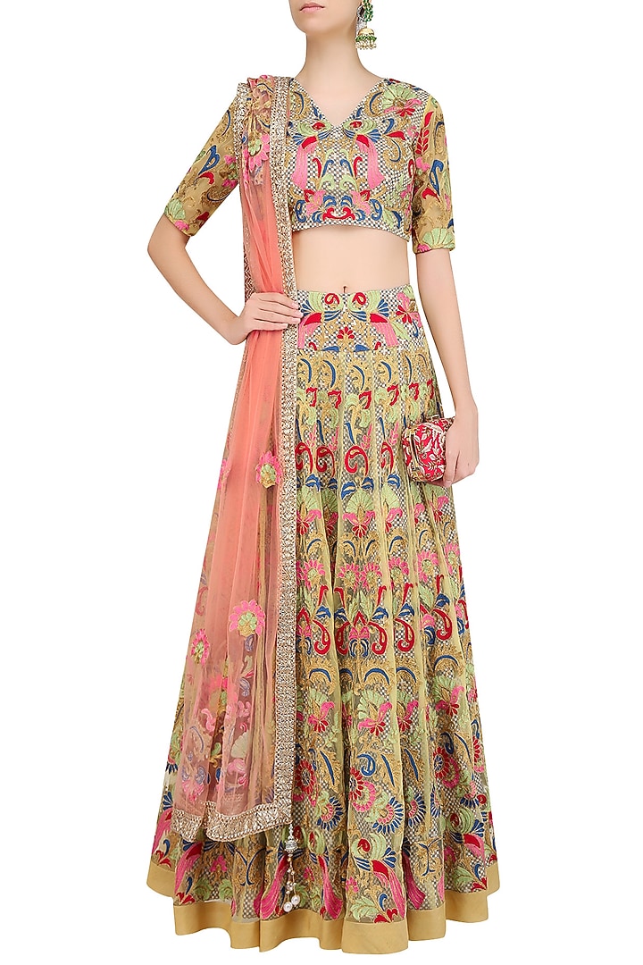 Yellow floral embroidered lehenga set available only at Pernia's Pop Up Shop.