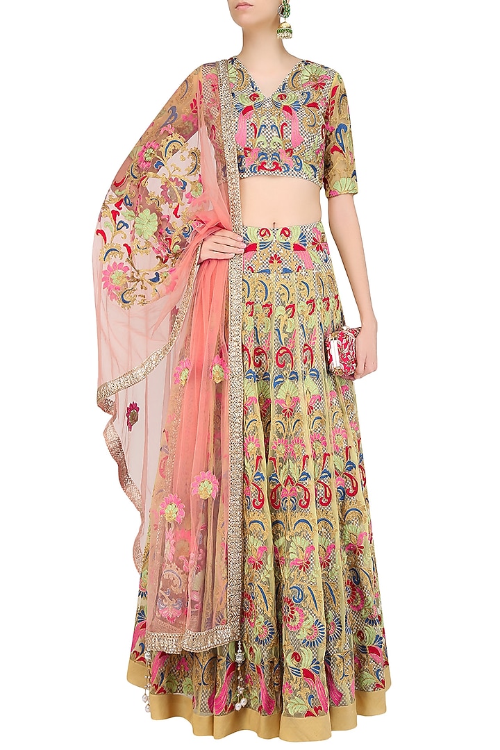 Yellow floral embroidered lehenga set available only at Pernia's Pop Up Shop.