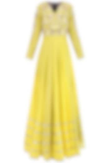 Yellow dabka embroidered pleated anarkali set available only at Pernia's Pop Up Shop.
