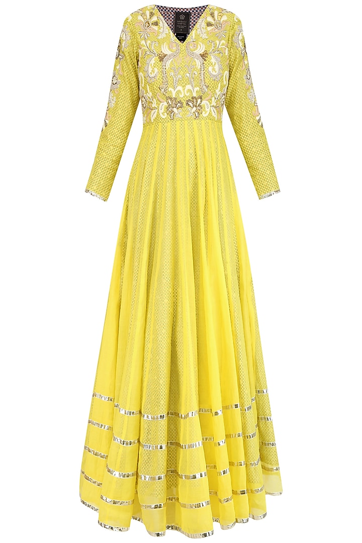 Yellow dabka embroidered pleated anarkali set available only at Pernia's Pop Up Shop.