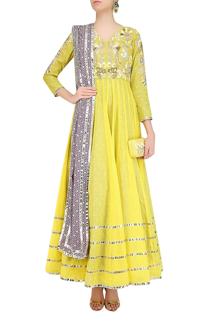 Yellow dabka embroidered pleated anarkali set available only at Pernia's Pop Up Shop.