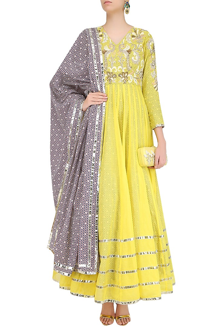 Yellow dabka embroidered pleated anarkali set available only at Pernia's Pop Up Shop.