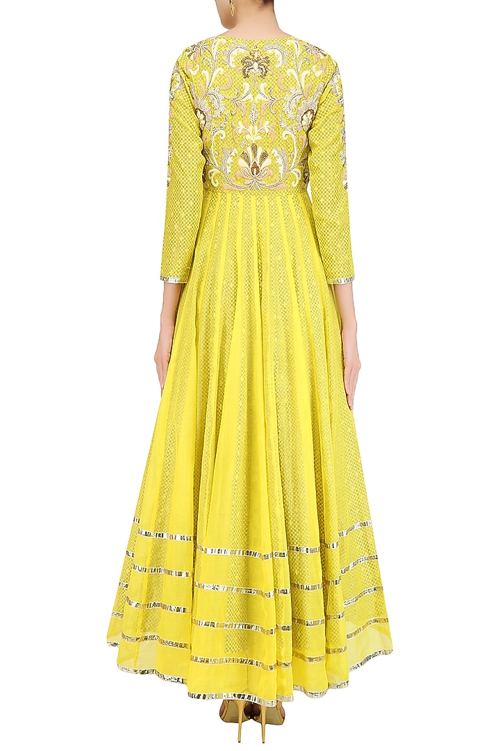 Yellow dabka embroidered pleated anarkali set available only at Pernia's Pop Up Shop.