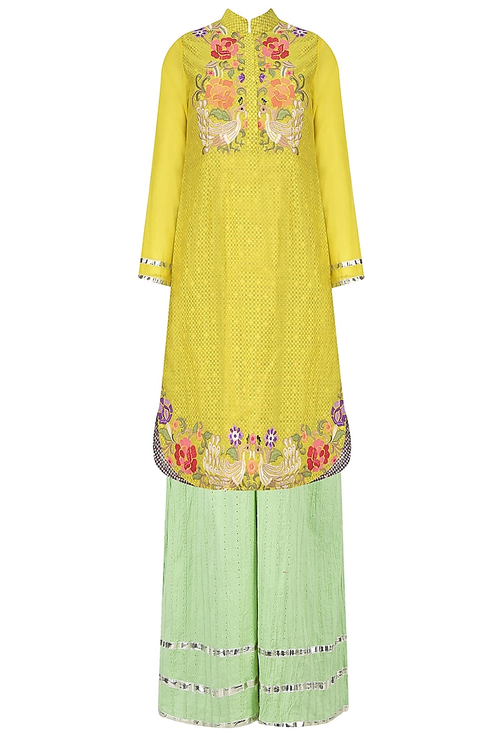 Yellow Floral Embroidered Tunic with Palazzo Pants by Sonali Gupta