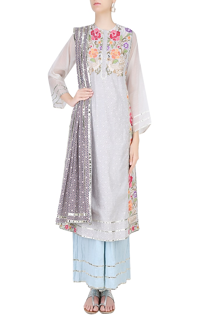 Off white floral embroidered tunic with palazzo pants available only at Pernia's Pop Up Shop.