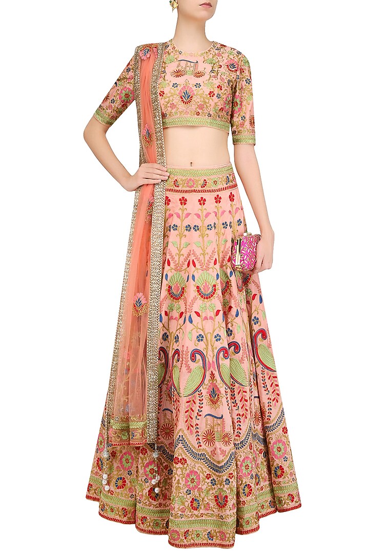 Pink floral jaal embroidered lehenga set available only at Pernia's Pop Up Shop.