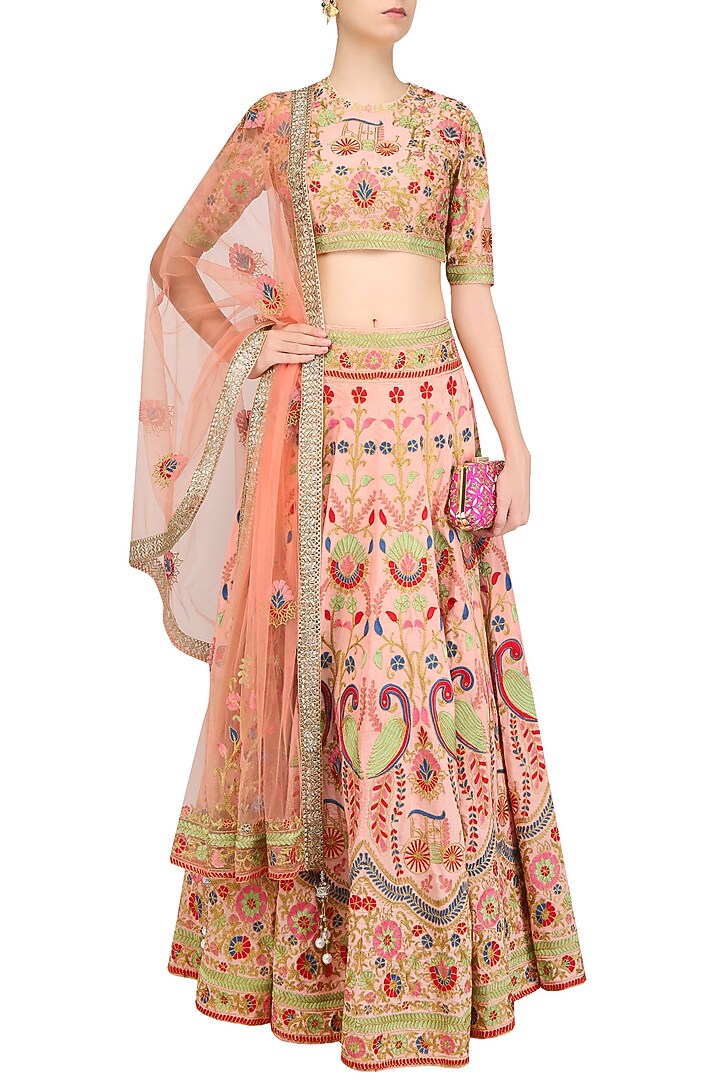 Pink floral jaal embroidered lehenga set available only at Pernia's Pop Up Shop.