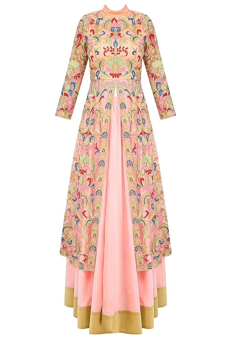 Pink Floral Embroidered Jacket Style Kurta with Skirt by Sonali Gupta