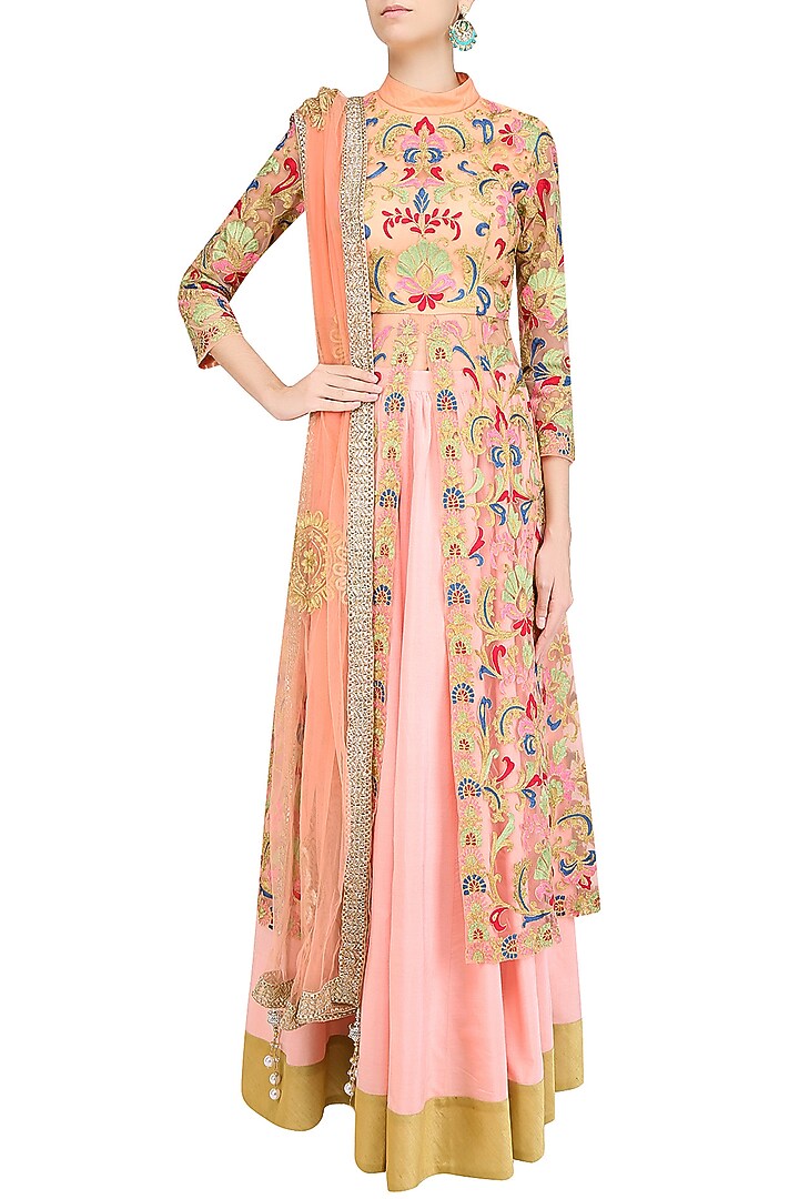 Pink floral embroidered jacket style kurta with skirt available only at Pernia's Pop Up Shop.