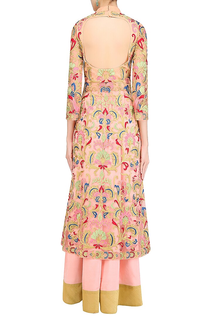 Pink floral embroidered jacket style kurta with skirt available only at Pernia's Pop Up Shop.