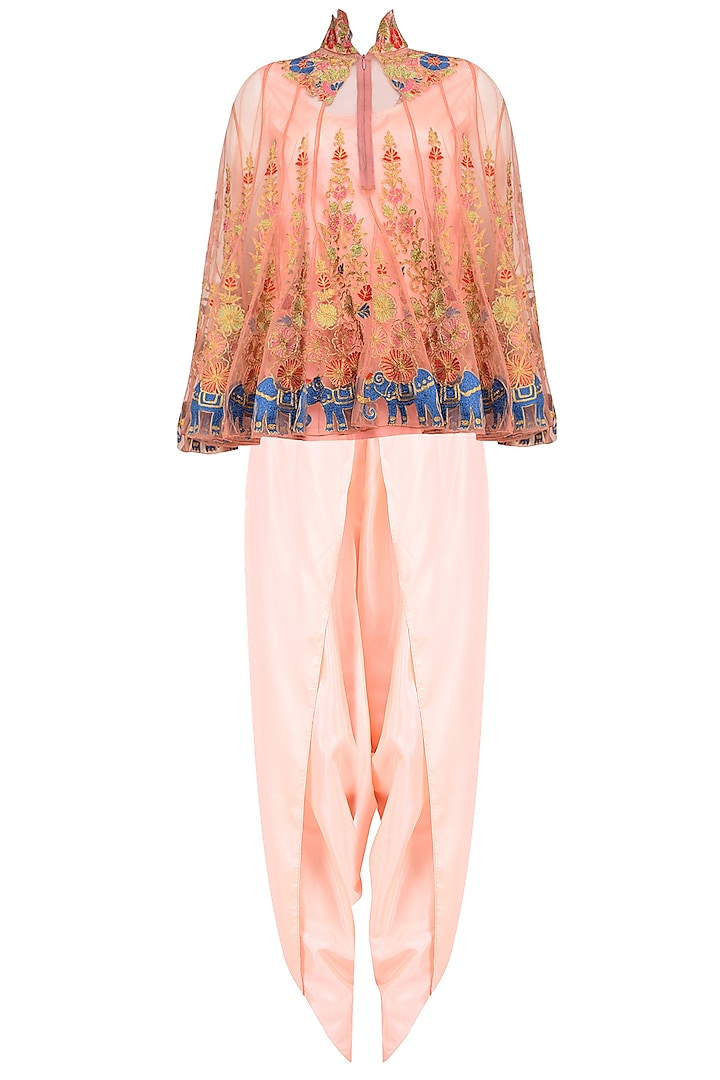 Pink Floral Embroidered Cape with Camisole and Dhoti Pants by Sonali Gupta