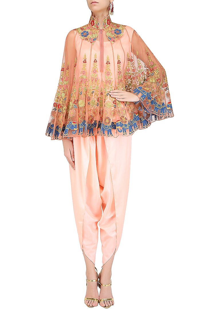 Pink floral embroidered cape with camisole and dhoti pants available only at Pernia's Pop Up Shop.