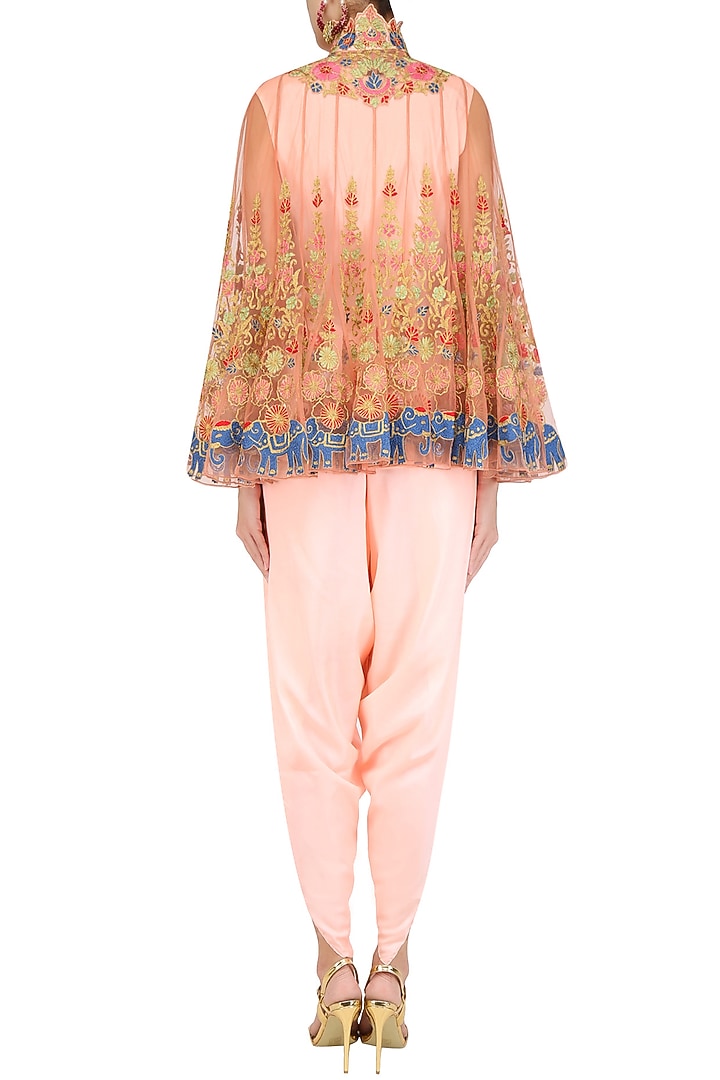 Pink floral embroidered cape with camisole and dhoti pants available only at Pernia's Pop Up Shop.
